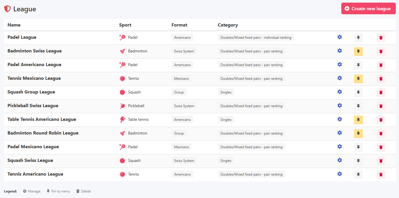Adding and removing leagues from the quick access menu