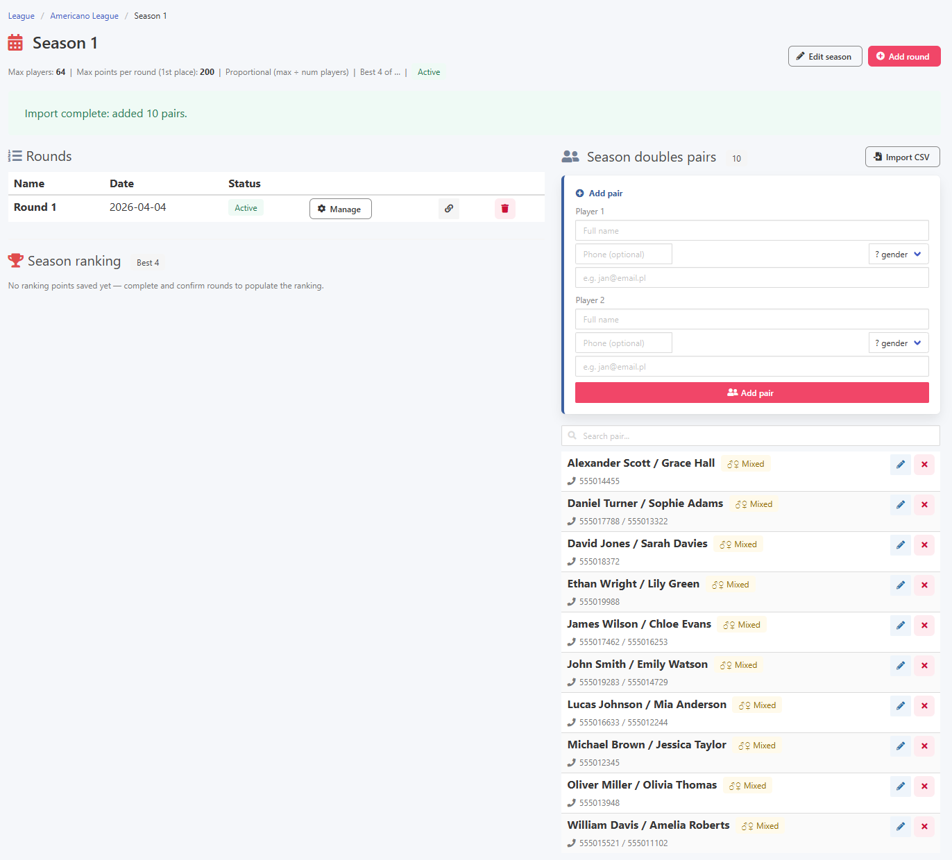 Season view and adding a seasonal player