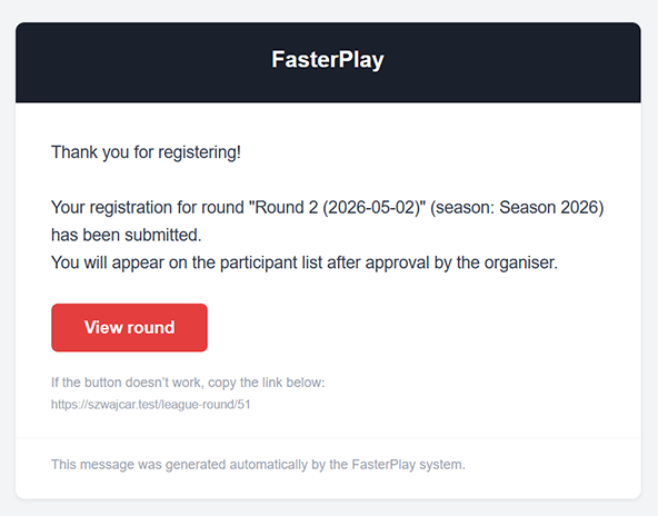 Email confirming entry received