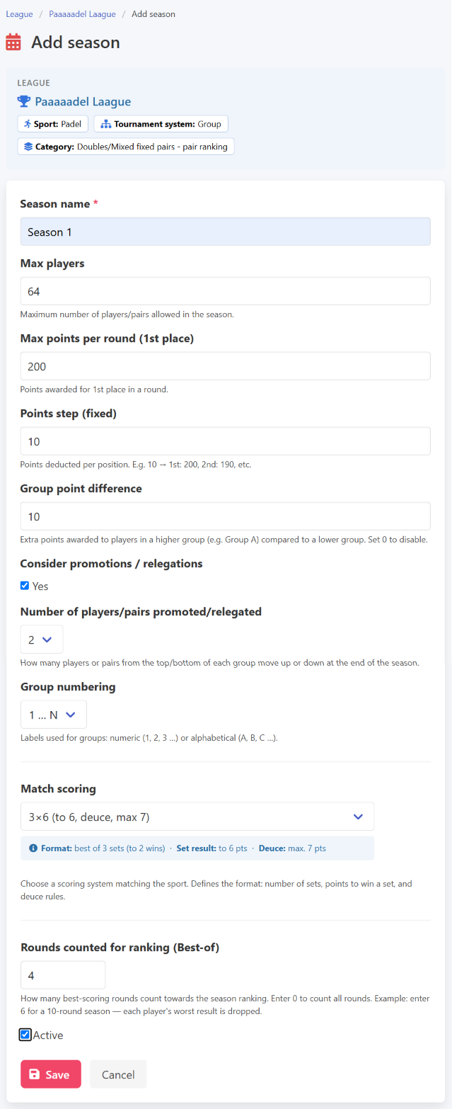 Creating a season with group settings