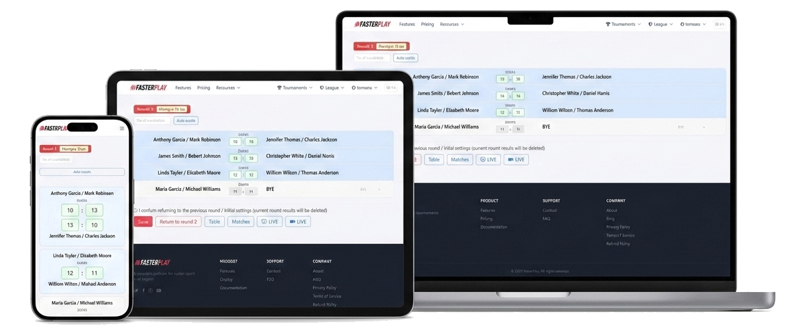 FasterPlay organizer panel on smartphone, tablet and laptop